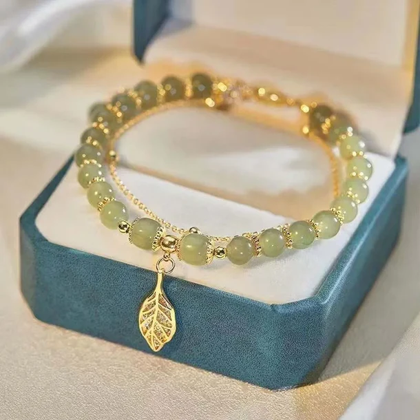 "Green Jade Gold Leaf Luck Bracelet"