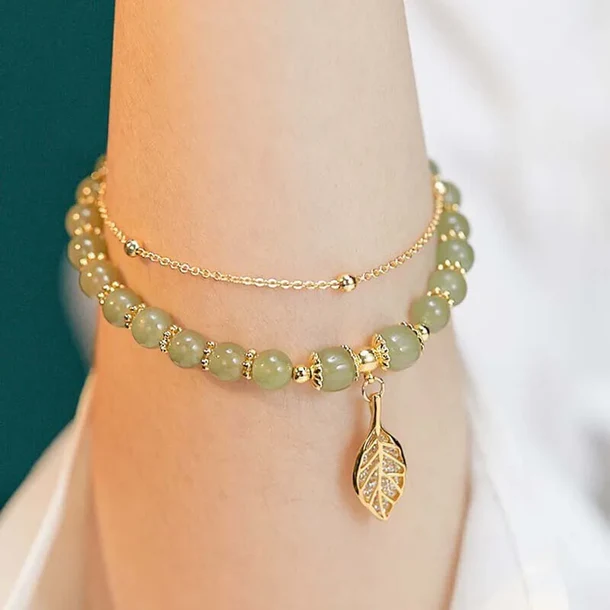 "Green Jade Gold Leaf Luck Bracelet"