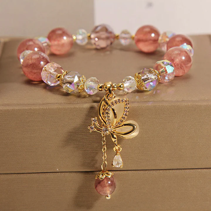 "Heart's Whisper - Strawberry Quartz Butterfly Bracelet"