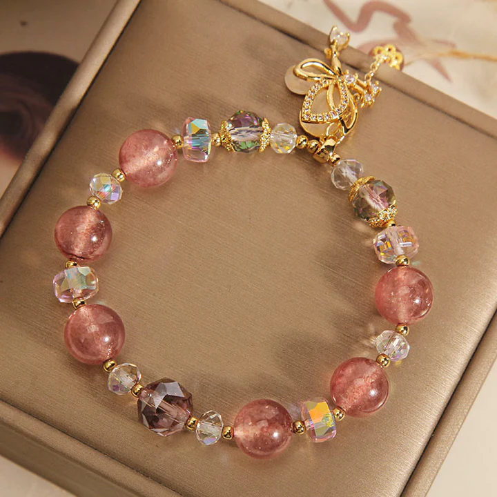 "Heart's Whisper - Strawberry Quartz Butterfly Bracelet"