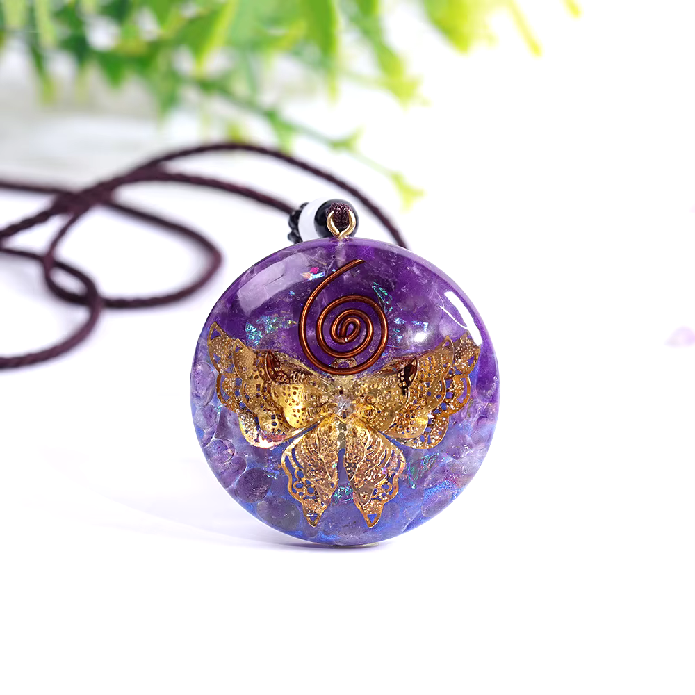 “The Transformation Butterfly – Amethyst and Copper Orgonite Necklace”